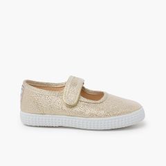 Ballerine con cinturino glitter chiusura a strappo Oro