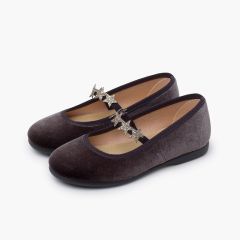 Ballerine velluto cinturino elastico stelline Grigio