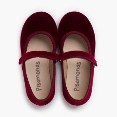 Ballerine velluto bambina cinturino a strappo Bordeaux