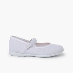 Ballerine in lino con cinturino a strappo e bottone Bianco