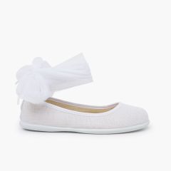 Ballerine con cinturino lino fiocco tulle Bianco