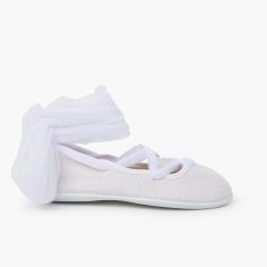 Ballerine in lino lacci incrociati tulle Bianco