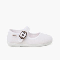 Ballerine con cinturino flessibili lino fibbia Bianco