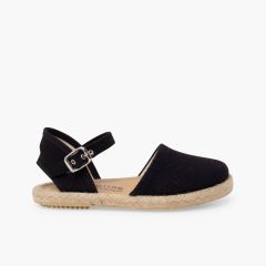 Espadrillas lino suola piatta fibbia Nero
