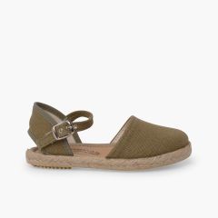 Espadrillas lino suola piatta fibbia Verde Oliva