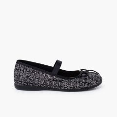 Ballerine con cinturino elastico tweed brillantezza Nero