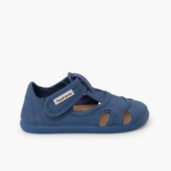 Sandali barefoot bambini tela chiusura larga Blu jeans