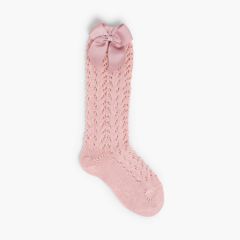 Calzini condor alti ricamati con fiocco Rosa pallido