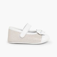 Scarpine con cinturino Neonati Nappa e Camoscio Brillanti con chiusura a strappo Argento