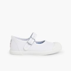 Sneakers Tela Bambina con Fibbia e Punta di Gomma Bianco