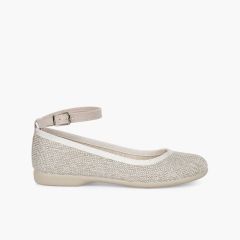 Ballerine chiusura cinturino tessuto brillante Beige