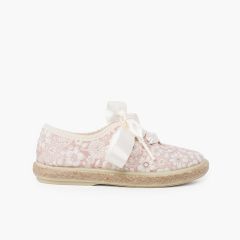 Blucher con Fiori e Iuta Lacci in Raso Rosa Pastello