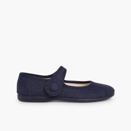 Scarpe con cinturino bambina lino chiusura a strappo bottone Blu