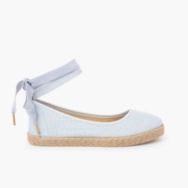 Ballerine bambina di lino con nastri e iuta  Azzurro cielo