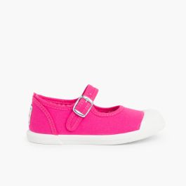 Sneakers Tela Bambina con Fibbia e Punta di Gomma Fucsia