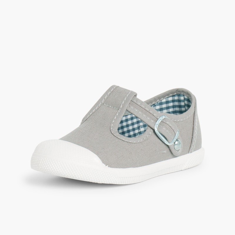 Sneakers Tela Bambini Punta Gomma Tipo T-bar Grigio