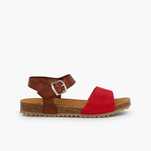 Sandali bio cuoio scamosciato inciso bambina Rosso
