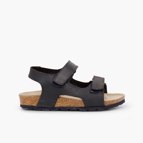 Sandali pelle bio bambino doppio chiusura a strappo Blu