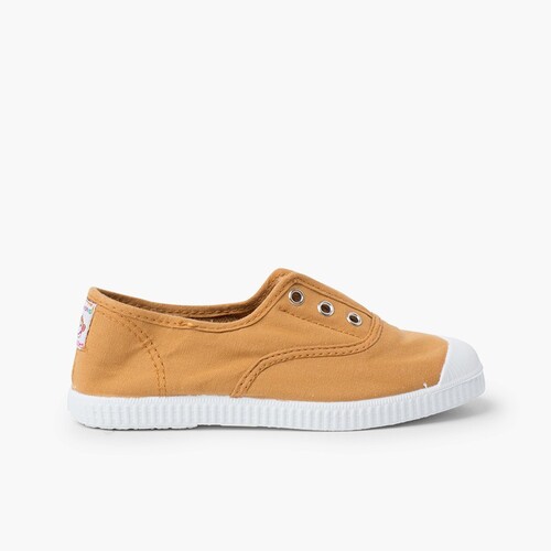 Scarpe Tela Punta Gomma Senza Lacci Ocra