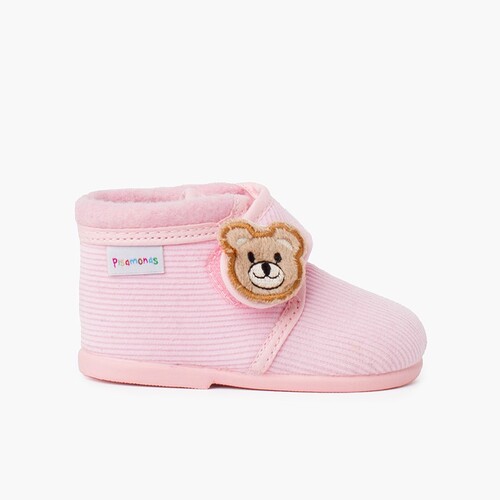 Pantofole Bottino in Velluto a Coste Bambini Orso Rosa