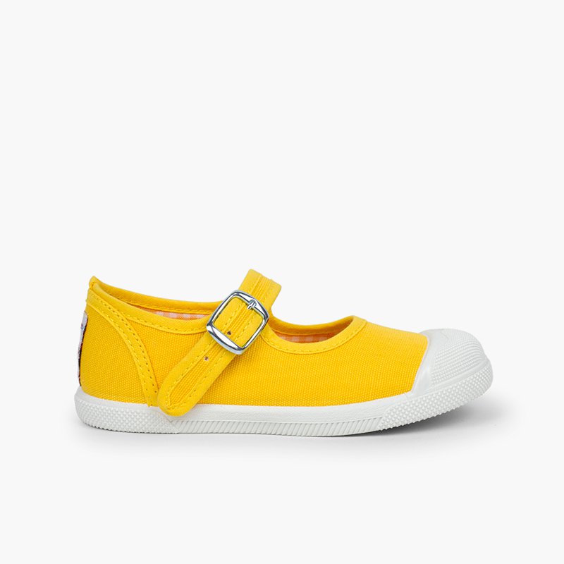 Sneakers Tela Bambina con Fibbia e Punta di Gomma Giallo